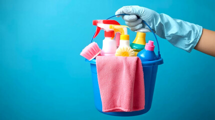 The concept of cleaning service, Close-up of a blue cleaning bucket held by a gloved hand, overflowing with essentials like a pink cloth, scrubbing brush, and bottles of cleaner