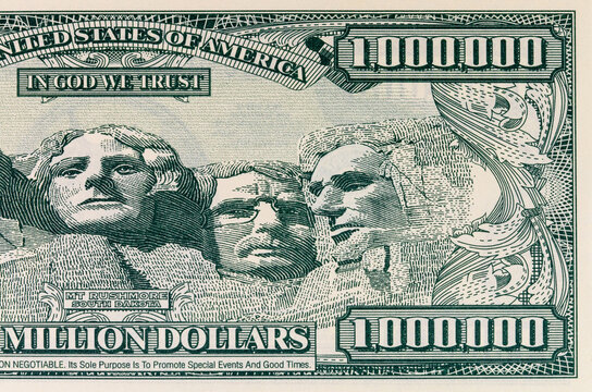 Souvenir banknote 1000000 dollars of the United States of America with the image of the Mount Rushmore memorial. One million dollars. USA money
