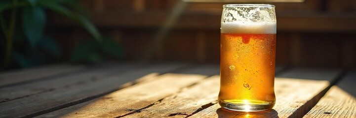 Cold Beer Bottle with Condensation on Rustic Wooden Table, Sunlight Streaming In, Ready to Drink