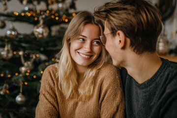 A smiling couple shares a warm, intimate moment in front of a decorated Christmas tree with festive lights