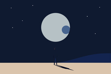 Lone Person Standing Under a Giant Full Moon