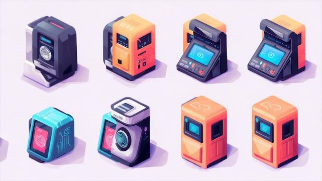 Retro gaming consoles, speakers, and handheld devices isometrically illustrated