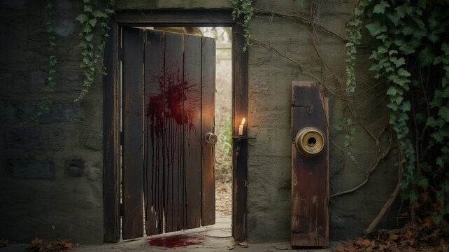 Bloody Doorway with Candlelight and Ivy, Evoking Mystery and Horror