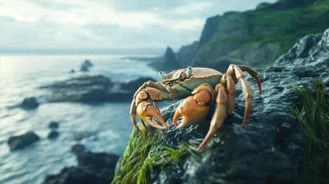 Coastal crab perched on a rocky outcrop overlooking the ocean