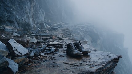 Hiking boots placed on a rocky ledge overlooking a foggy landscape in a mountainous area