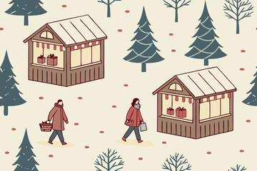 Festive christmas market illustration featuring booths shoppers and decorative winter elements on white background