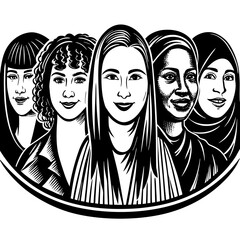 Empowering diversity illustration a black and white vector graphic of five women celebrating together.