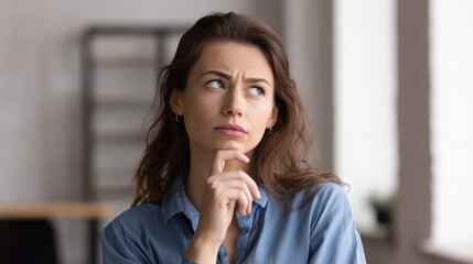 A woman with long hair looks pensive while resting her chin on her hand, deep in thought in a serene indoor atmosphere