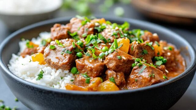 Beef Stew with Rice: A hearty and flavorful beef stew, rich in tender beef cubes and vibrant vegetables, served over a bed of fluffy white rice in a rustic bowl.