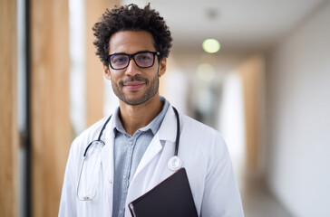 Confident male doctor with curly hair and glasses poses in a well-lit medical office corridor, exuding professionalism and warmth
