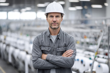 An engineer stands confidently in a manufacturing facility, overseeing machinery and processes while ensuring high production standards