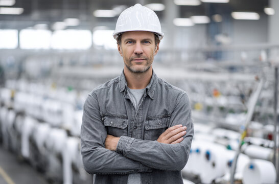 An engineer stands confidently in a manufacturing facility, overseeing machinery and processes while ensuring high production standards