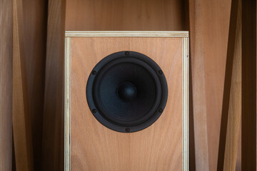 Primo piano di un woofer in una cassa di legno
