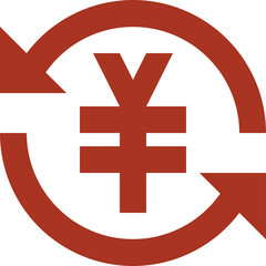 Illustration of a yen symbol encircled by a circular arrow in shades of red on a white background