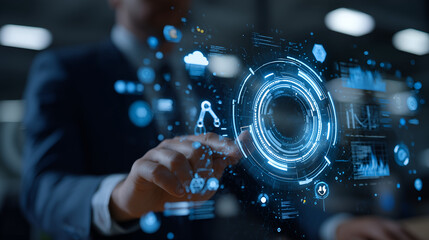 Digital Transformation: A businessman interacts with a futuristic holographic interface, showcasing innovative technology and data visualization in a modern office setting. 