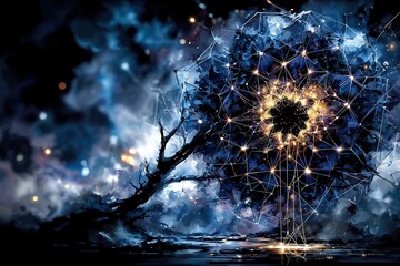 Digital artwork of a glowing flower in a starry night landscape with abstract elements