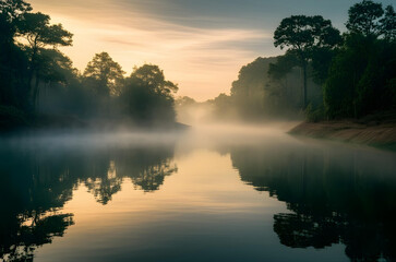 Misty River at Sunrise with Forest Reflections
