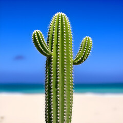 A tall cactus standing on a beach with a clear blue sky and ocean in the background.