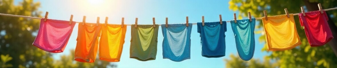 Colorful Clothes Flapping in Summer Breeze on Clothesline, Cheerful Laundry Day Scene