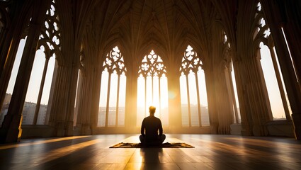 Man meditating in cathedral spiritual practice mindfulness meditation sunlight zen calm