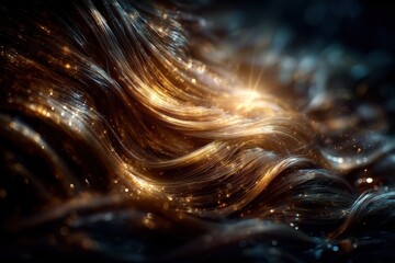 Captivating golden hair flowing in soft waves with sparkling strands under gentle light