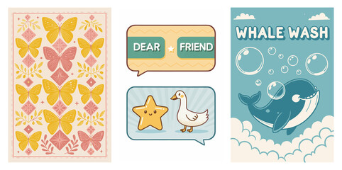 Vintage Poster Collection with Nature and Animal Illustrations isolated on transparent background
