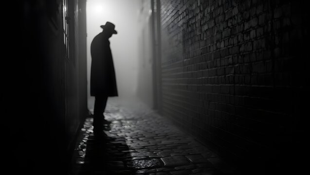 Noir detective in dark alleyway black and white photography mystery and suspense theme