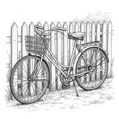 Obraz premium Line art drawing of a vintage bicycle with a basket, parked against a picket fence. 