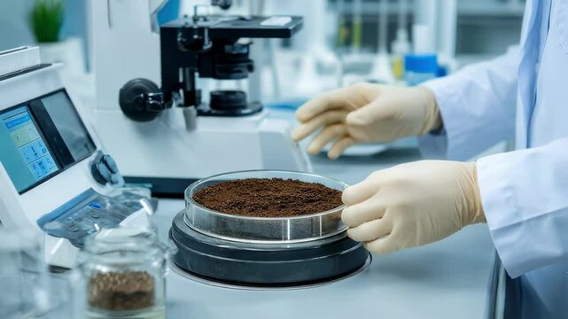 Scientist wearing gloves examines soil samples in a laboratory setting. The scene includes a microscope and various lab equipment, emphasizing research and analysis in a scientific environment