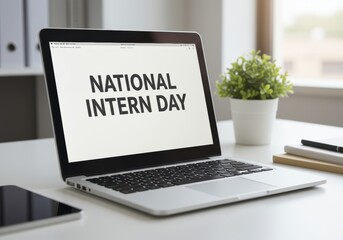 National Intern Day Text on a Laptop, a computer screen with a welcome message for the event on July 31st