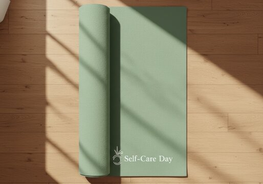 Self-Care Day Text on Yoga Mat, an accessory with a message for the wellness event on July 24th