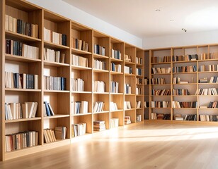 Light-filled library with wooden shelves