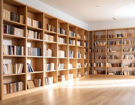 Light-filled library with wooden shelves