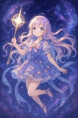 Magical Girl Floating in Galaxy with Star Wand and Cosmic Dress Under Nebula Sky