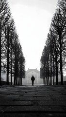 Black and white photography of person walking on path lined with trees to building
