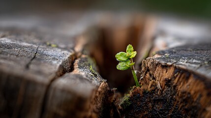 Small sprout growing out of a cracked tree stump with green leaves in a close up shot