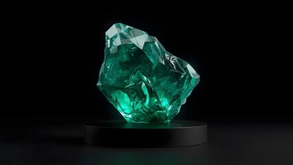 Fototapeta premium Luminous green crystal specimen displayed on a dark pedestal against a black background