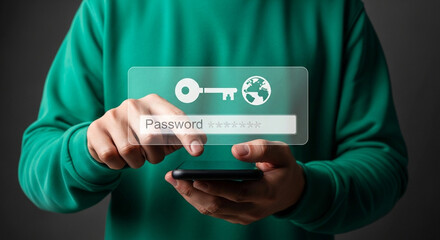 Person using phone with password interface overlay showing key and globe icons on screen access secure