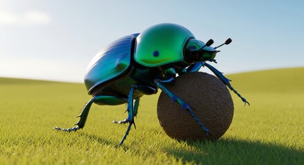 Realistic 3d render of a green scarab dung beetle on a grassy field in nature
