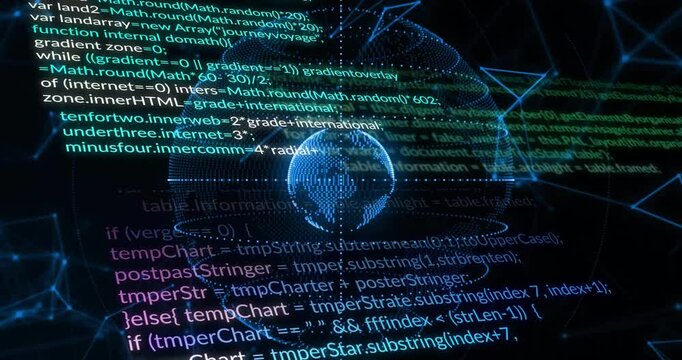 Green code appearing above 3D rotating globe driving magenta calls scrolling visualizing live data