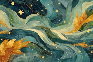 Flowing waves of vibrant colors and shimmering stars create a serene cosmic pattern