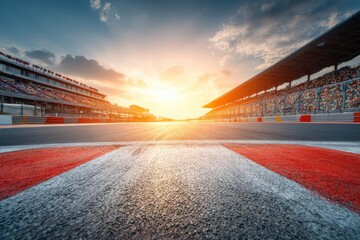 A vibrant race track at sunset, with grandstands full of seats and dramatic sky lighting up the empty circuit