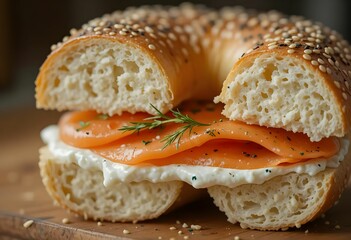 Close-up of sesame bagel sliced open and layered with lox, dill, and whipped cream cheese, macro focus on texture.