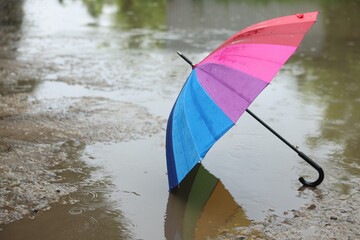 Colorful umbrella on wet asphalt under heavy rain. Space for text