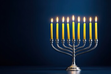 Fototapeta premium A silver menorah with nine lit yellow candles stands against a dark blue background, symbolizing the Jewish festival of Hanukkah