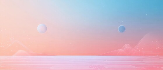 Serene Pastel Landscape with Floating Spheres and Geometric Ground Design