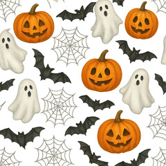 Festive Halloween Decor with Pumpkins, Ghosts, Bats, and Spiderwebs