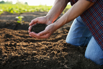 Man holding pile of soil in field, closeup