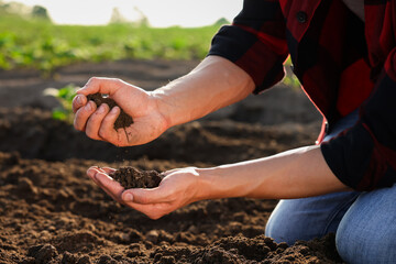 Man holding pile of soil in field, closeup