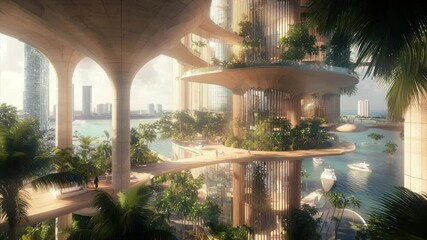 Lush, vertical city with elevated walkways & coastal views - Powered by Adobe